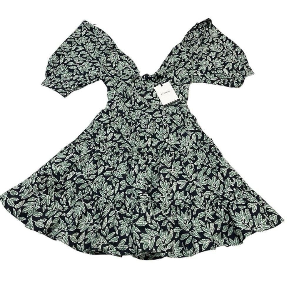 En Saison Dress Arielle Green Leaf Tiered Mini Puff Sleeve Size XS Cottagecore